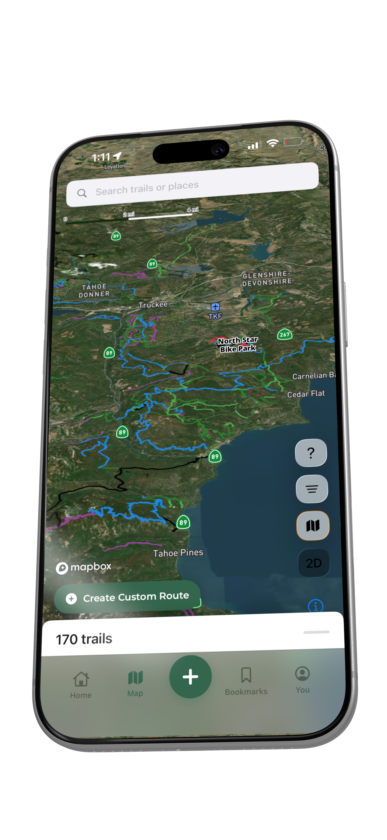 RidePal 3D mountain bike trail map on iPhone