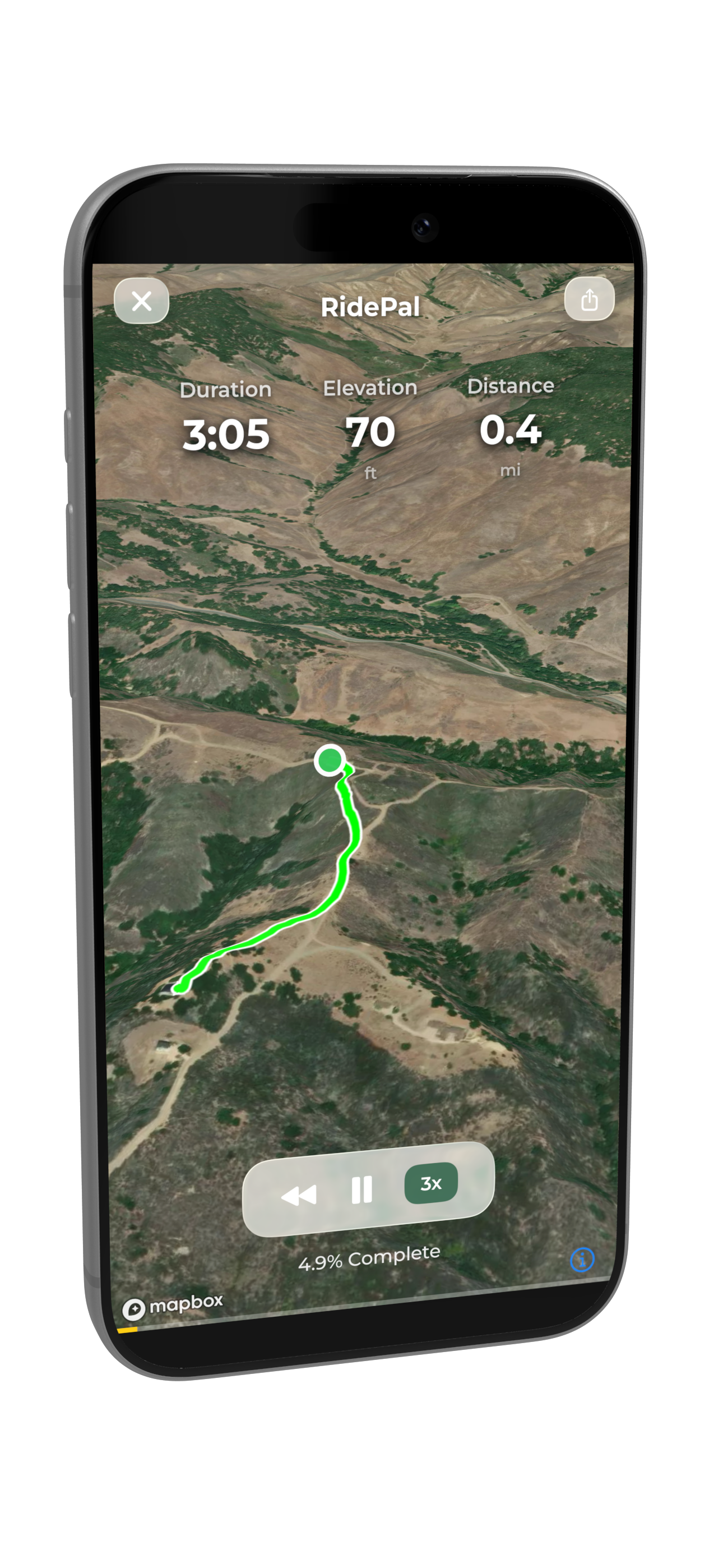 RidePal ride replay over a 3D satellite route